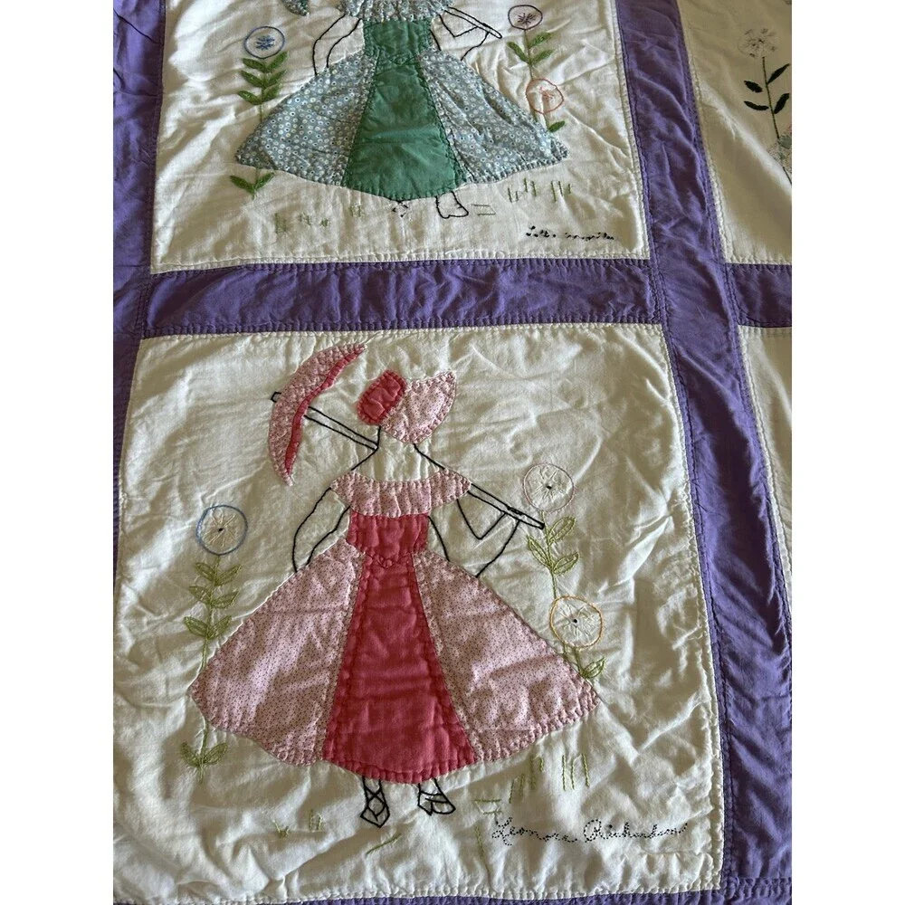 Vintage Handmade embroidered friendship quilt with Sun Bonnet Girls. 77” X 95”